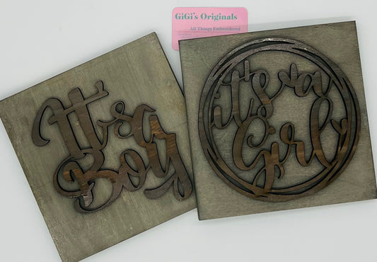 It’s A Boy - It’s A Girl Wood Engraved Script Baby Announcement
